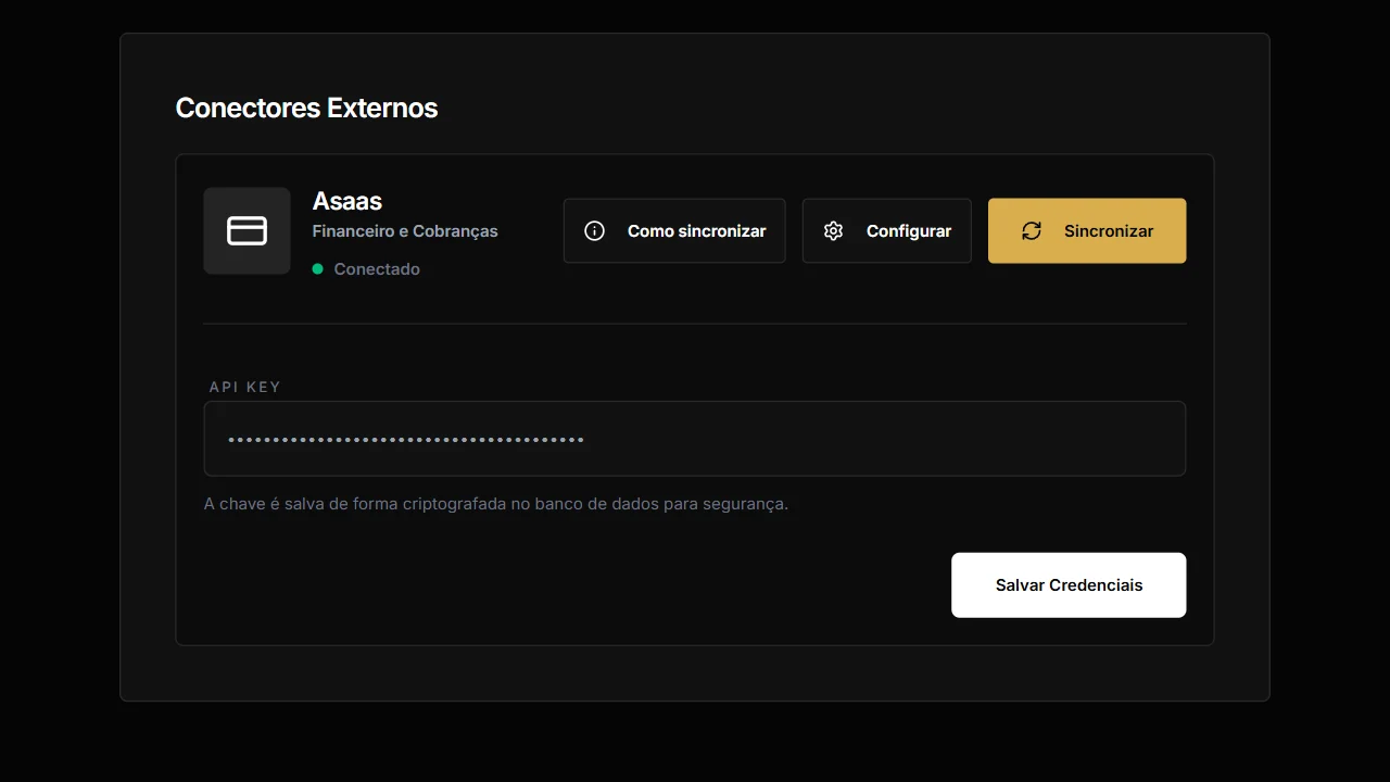 Card do Asaas em Configurações, Integrações, com a situação Conectado e o campo da chave de API.