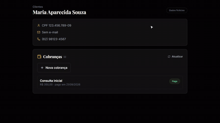 Na ficha do cliente, Nova cobrança: valor de 6.000 reais, Pix, 6 parcelas, aviso por e-mail, SMS e WhatsApp, e as seis parcelas criadas com link de pagamento.